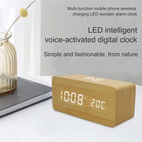 Digitaler Wecker aus Holz mit kabelloser Ladefunktion – 3 Weckzeiten, LED-Anzeige, Sprachsteuerung für Büro und Schlafzimmer – Rahmen in Holzoptik aus PVC, Maße: 16 x 7,3 x 7 cm
