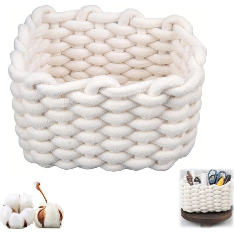 Panier de rangement en coton tressé blanc avec fil épais - Organiseur de salle de bain pour bureau et coiffeuse - Table à langer, cosmétiques, bureau - Petite boîte de rangement (1/5)