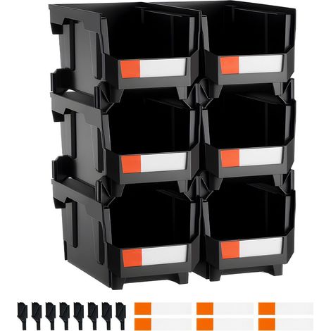 Bacs de rangement empilables en plastique, 37,7 x 21,5 x 18 cm (lot de 6), pour organiser placard, garage, petites pièces et fournitures de bureau, noir (1/5)