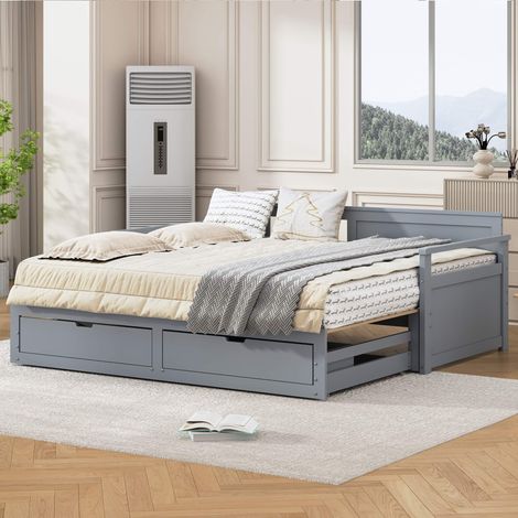 Lit banquette extensible 90/180x190 cm gris en pin, lit gigogne et tiroirs modulables, sommier 15 lattes inclus, sans matelas (1/5)
