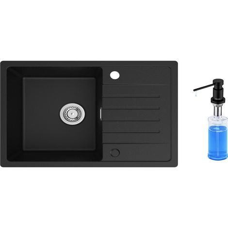 Lavello da cucina Cecipa a 1 vasca con gocciolatoio, lavello da cucina in quarzo e resina 78x45 cm Lavello nero di grande capacità + dispenser per sapone nero da 300 ml (1/5)