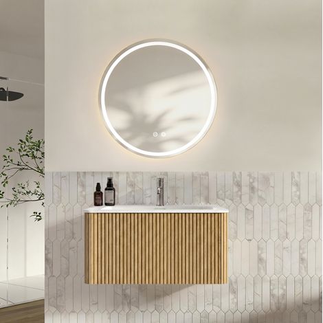 Mueble de baño suspendido con lavabo y espejo LED de 80 cm, roble DESVIAE (1/5)