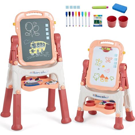 COSTWAY 4 en 1 Tableau Enfant Double Face avec Hauteur Réglable (Rose) (1/5)