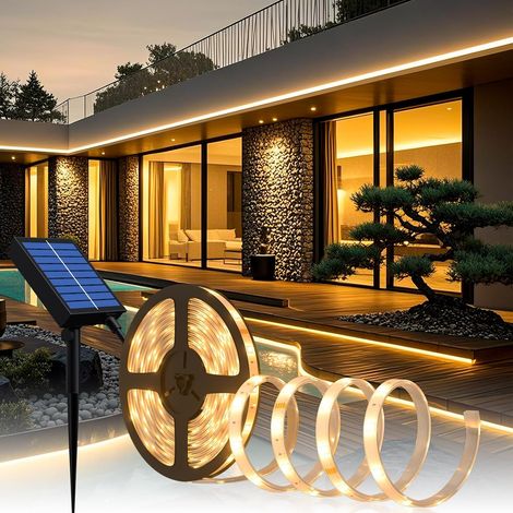 Ruban LED Solaire Extérieur, 5m 280 LEDs Bande LED IP67 Étanche, Lumières LED Blanc Chaud avec Télécommande, 8 Modes d'Eclairage 2835 SMD Guirlande Lumineuse pour Arbres de Jardin Noël (1/5)