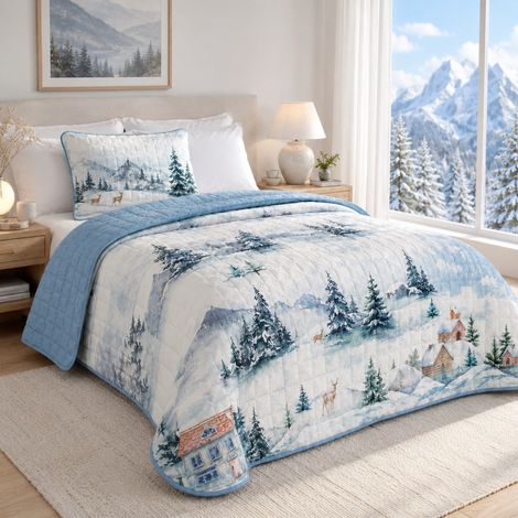Copriletto Trapuntato Paesaggio Montano Azzurro in Microfibra Mezza Stagione OEKO-TEX Made in Italy 260x260 (1/5)