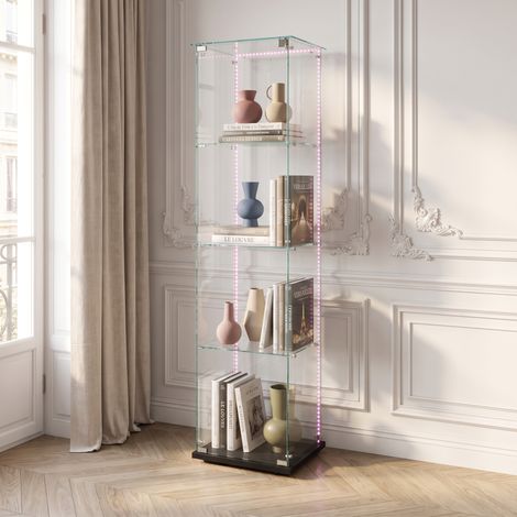 Vitrine en verre trempé 4 niveaux, Éclairage LED réglable, présentoir à simple porte avec serrure, Protection anti-basculement – Dimensions 40x35x163 cm (1/5)
