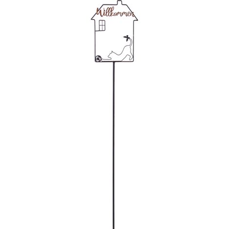 TrendLine Gartenstecker Haus Willkommen Katze Metall 115 x 18 cm schwarz Gartenstecker