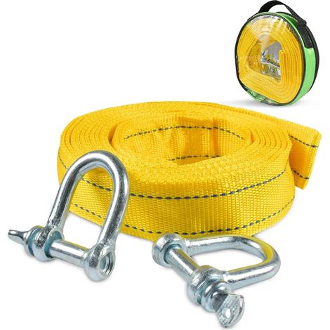 Sangle de Remorquage Voiture 4 Mètres - Résistance 5 Tonnes (11.000 LB) - Corde de Remorquage d'Urgence avec 2 Crochets en U Sécurisés et Sac de Transport - Bandes Réfléchissantes pour Sécurit (1/5)