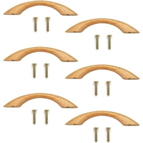 Lot de 6 poignées de porte de placard en bois (28 x 13 x 23 mm), finition naturelle lisse, avec 12 vis pour salle de bain. (1/5)
