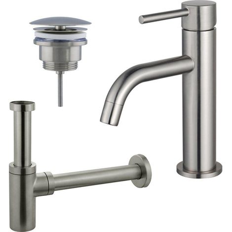 Fortifura Calvi Slim Kit mitigeur lavabo - robinet bas - bonde nonobturable - siphon design - PVD Inox brossé