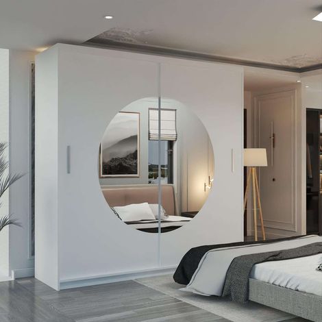 Mandarin Double Sliding Mirror Door Wardrobe -White 203cm