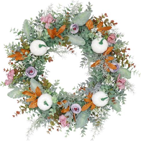 Künstlicher weißer Kürbiskranz mit grünen Blättern als Anhänger für die Haustür – perfekt für Thanksgiving, Halloween und Herbst.