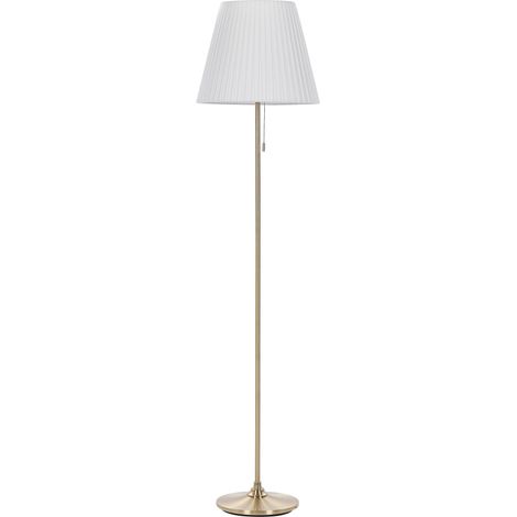 Lampada da terra classica con base in metallo color ottone e paralume in tessuto bianco Torysa