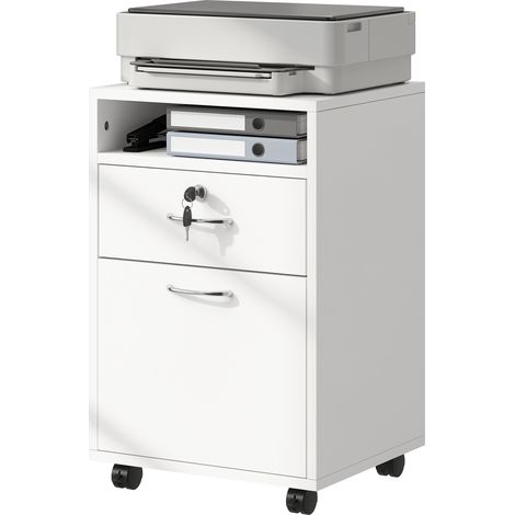 Classeur de bureau avec tiroir, roulettes freinées et étagère ouverte, avec serrure et 2 clés, compatible avec les formats Lettre/Légal/A4, 40 x 35 x 60 cm, blanc