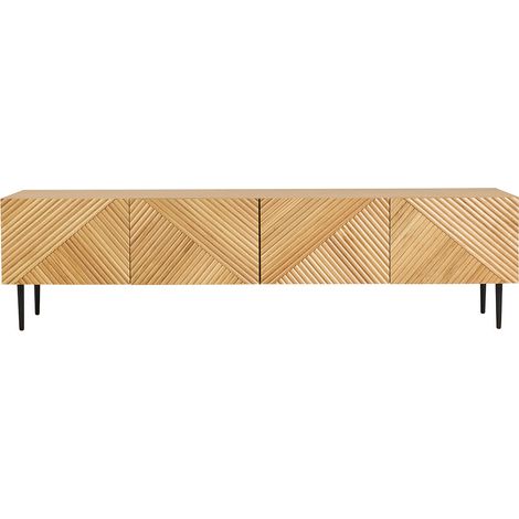 Meuble TV design en bois clair chêne massif gravé et métal noir 4 portes L180 cm ARCHIPEL