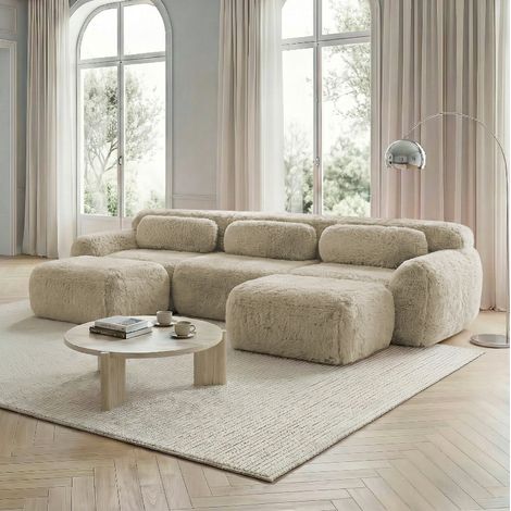 Sofá modular en U 291 x 179 x 73 cm, sin montaje, tejido de peluche, caqui claro DESVIAE (1/5)