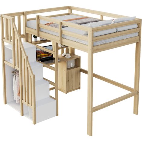 Hochbett, Mit Stauraum-Sicherheits-Kletterleiter, Mit Stauraum-Kleiderschrank, Einzelbett Jugendbett Kinderbett, Massivholzrahmen