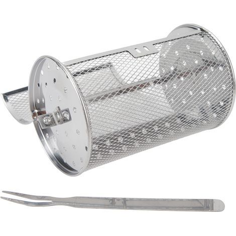 Cesta asadora rodante de acero inoxidable con tenedor y rejilla cilíndrica de alambre para barbacoas, camping y picnics, 18 cm de altura. (1/5)