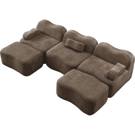 Sofá modular en U de 3 plazas con 2 otomanas, terciopelo y espuma 32D, marrón HOMVRA (1/5)