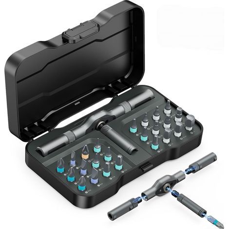 Jeu de Tournevis à Cliquet, 24 en 1 Jeu de Tournevis Magnétiques, Embouts en Acier S2, Poignée en T Amovible, Kit d'Outils de Réparation pour Sonnette, PC, Montre, Meubles, Vélos, Maison (1/5)