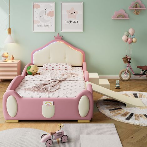 Kinder Polsterbett mit Krone, Cartoon Design, LED-Lichtstreifen, Rutsche & Treppe, weiche Schutzkanten, PU, Rosa & Beige, 90 x 200 cm