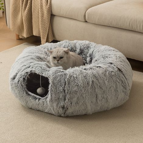 TAISHENGDA-Lit pour chat en peluche, 82 cm, lavable en machine, forme de beignet (gris). Tunnel pour chat, adapté à toutes les saisons, pour rester au chaud en hiver. (1/4)