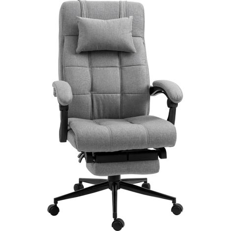 Silla de oficina ergonómica con cojín de cabeza y reposapiés, giratoria 360°, lino gris claro (1/5)