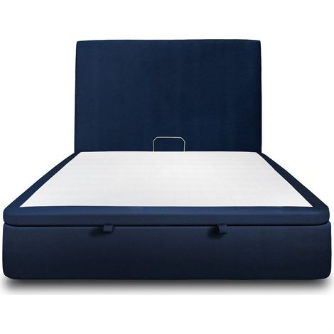 Lit coffre 140x190cm avec tête de lit tapissier Velours Bleu - Hauteur totale : 39cm (1/5)