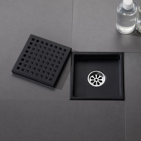 Drain Sol Douche Carré Noir Mat 6 Pouces, Grille Amovible SUS304 (1/4)