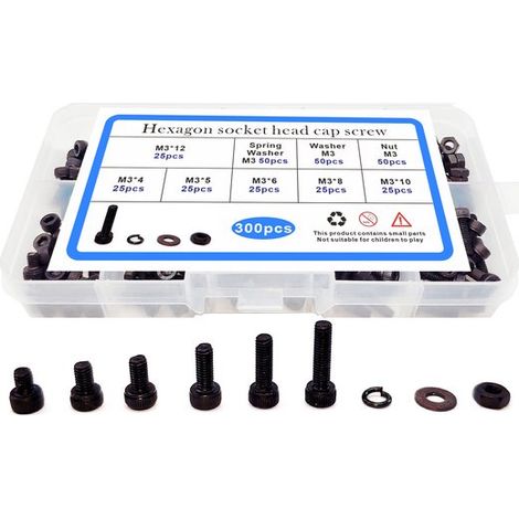 Caja surtida - Tornillos - Juego de 300 tornillos cilíndricos de cabeza cortante negros, tuercas planas y arandelas, tornillos hexagonales internos M3 (1/2)