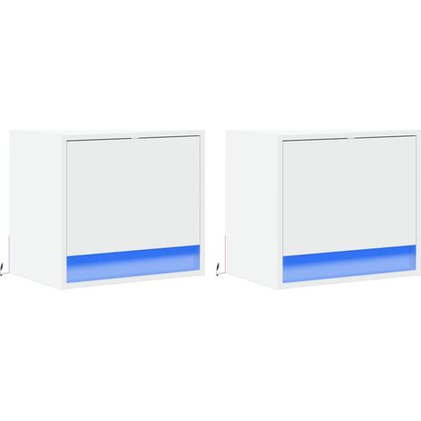 Set di 2 comodini da parete con luci a LED e vano con anta, in legno ingegnerizzato bianco DEC036125