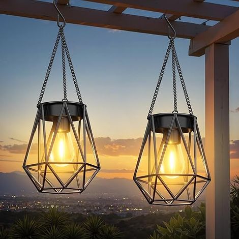 Lanternes solaires - Lot de 2 lanternes suspendues pour jardin, lanternes d'extérieur métalliques blanc chaud étanches (1/5)