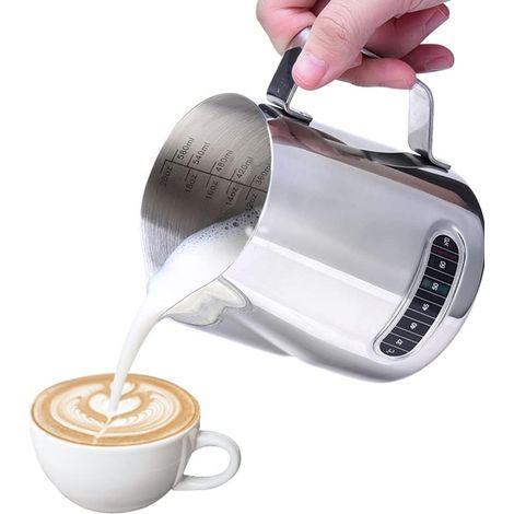 Pot à mousser le lait–600 ml–Pot à mousser le lait en acier inoxydable avec thermomètre–Bec verseur anti-gouttes–Convient le latte
