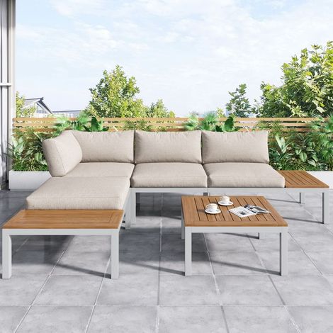 Set Salon de Jardin 5 Pièces, Acier Galvanisé & Acacia, Beige (1/5)