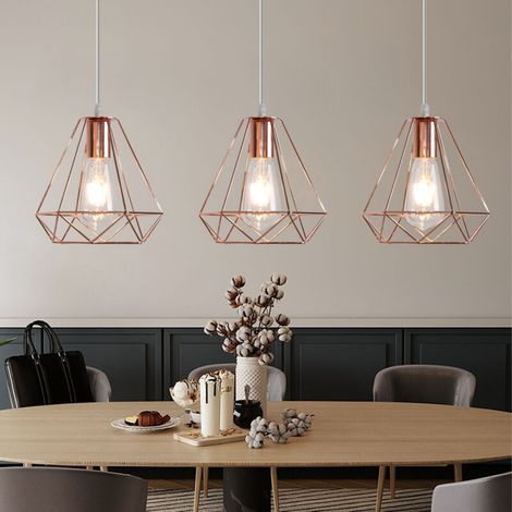 E27 Métal Suspension Luminaire Lampe Industrielle Vintage Plafonnier Luminaire Cage Diamant Pendant Eclairage Doré Rose 3PCS (1/5)