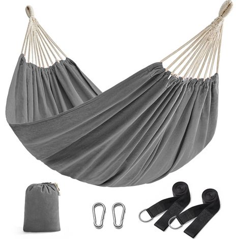 Hamac, 210 x 150 cm, Double Hamac, Capacité de Charge 300 kg, pour Jardin, Terrasse, Balcon, Extérieur, Camping, avec Sac de Transport, Sangles de Fixation et Mousquetons, Gris (1/5)