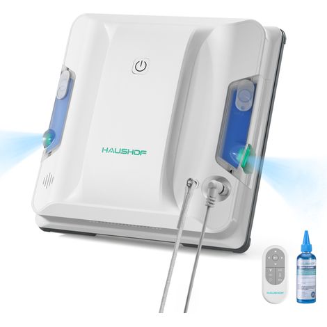 HAUSHOF Robot Nettoyeur de Vitres, Double Réservoir & Pulvérisation 3800Pa, Planification Intelligente du Trajet, Détection des Bords, Télécommande, 3 Modes de Nettoyage pour Fenêtres & Baies Vitrées