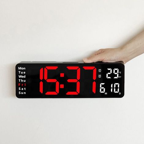 Coque noire feu rouge 13 pouces Horloge Numérique Murale Grande avec,Horloge Digitale Led à Luminosité Réglable