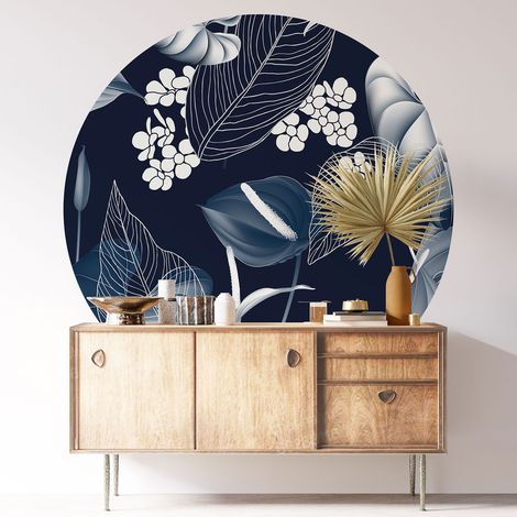 Sticker mural rond / cercle - Motif floral - Diamètre 40 cm - Adhésif + Protection MATE (1/3)
