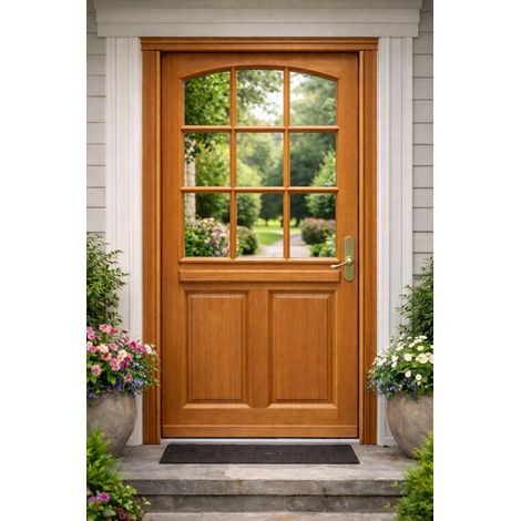 Puerta de entrada de madera con cristal Agatha, H.215xL.90 cm, a la izquierda, marco de madera, pomo, cilindro, GD MENUISERIES