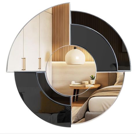 Miroir mural rond sans cadre - 80 cm - Noir - Asymétrique - Grand miroir à suspendre - Avec panneau arrière en MDF - Pour salon, chambre à coucher, salle de bain, couloir, entrée - Idéal (1/5)