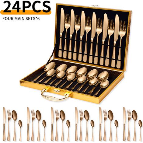 Service de 24 couverts en acier inoxydable – pour 6 personnes – avec coffret – acier inoxydable – or rose (1/4)