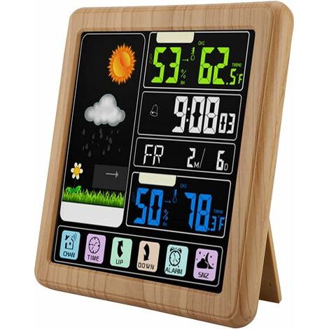 Tigrezy Drahtlose Wetterstation TS-3310 Voll-Touchscreen Drahtloses Innen-Außenthermometer mit Sensor, elektrische LCD-Wettervorhersagestation mit intelligenter Uhr (Holz)