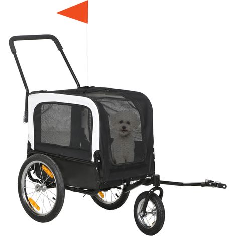 Remorque vélo jogger 2 en 1 pour animaux de compagnie drapeau roue avant pivotante réflecteurs noir (1/5)