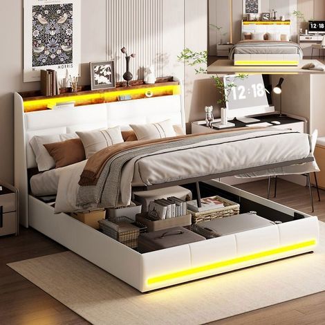 Bett 160x200 cm weiß mit integrierter LED, Lattenrost und hydraulischer Öffnung - zeitgenössisch