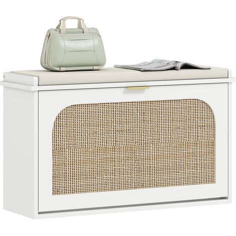 Banc à chaussures, banc de rangement, assise rembourrée, tiroir rabattable, porte en rotin, 80 x 26 x 47,5 cm, blanc (1/5)