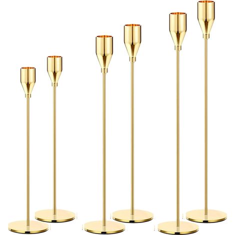 Lot de 6 bougeoirs dorés pour bougies tige et LED 3/4", décoration élégante pour mariage, fête, dîner. (1/5)