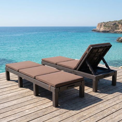 Lot de 2 Bain de soleil -Transat jardin exterieur avec coussin marron, Chaise longue de jardin, inclinable , pour piscine et terrasse