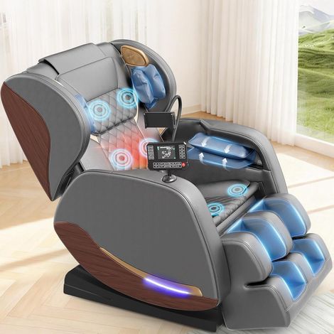 Fauteuil de massage chauffant, équipé de 8 coussins gonflables, 14 rouleaux de massage, 15 programmes de massage, haut-parleurs Bluetooth et repose-pieds réglable de 13 cm, gris foncé
