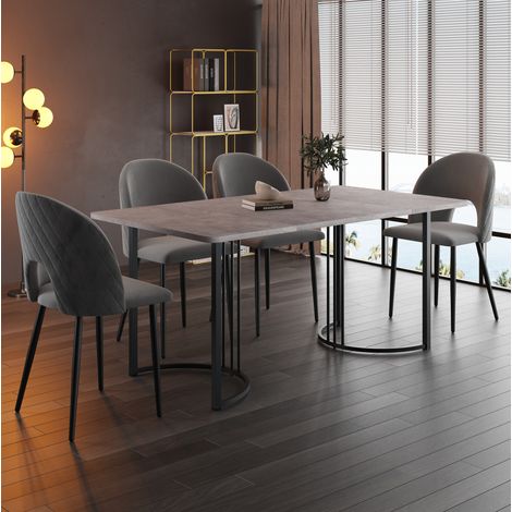 Ensemble repas en velours gris 4 places avec table effet marbre 140x80 cm (1/5)